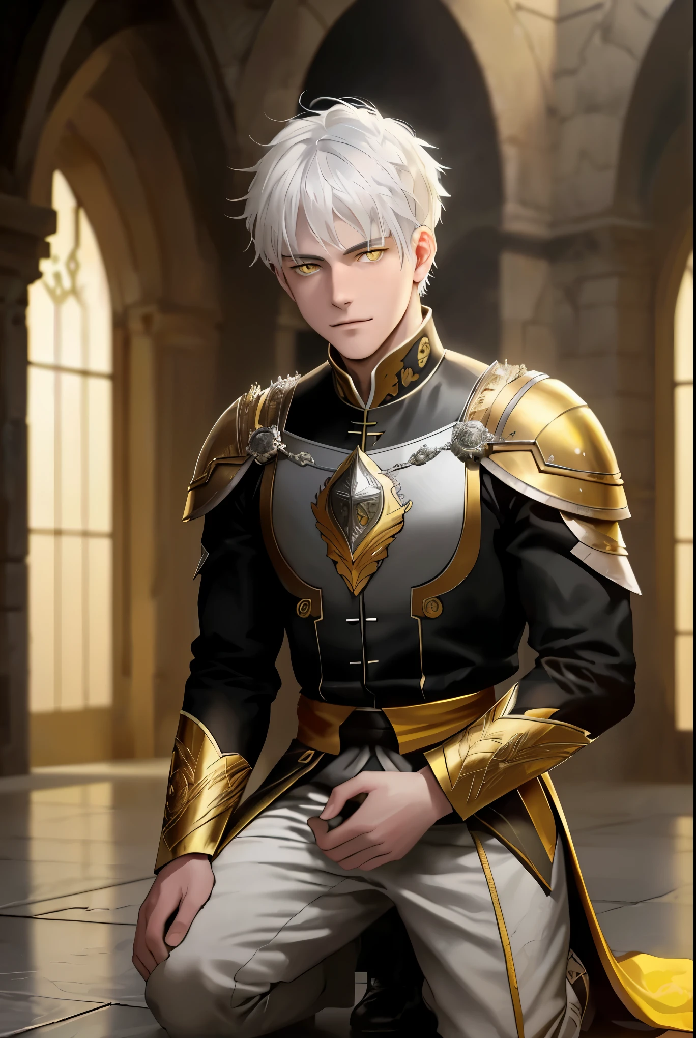 Photo of a guy with white hair and yellow eyes, High detail, Clarity, 8 SS, young guy, 26 years, light gray hair, short haircut, Yellow eyes, Smirk, fire crown, lava is everywhere, Huge room with forged doors, stone floor, Royal Chambers, guy kneeling near the lake, realism, fantasy,