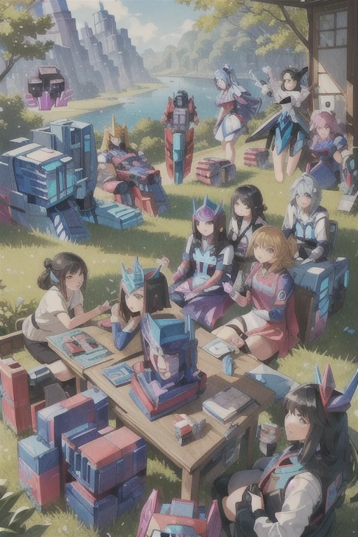 masterpiece, highest quality, (全員Woman Cybertron), (All of them have perfect, cute human female faces.), All of the bodies have their internal skeletons exposed except for their faces., None of them are wearing exoskeletons., Everyone is showing off their bodies, lively, All have colorful internal skeletons, Inside the maintenance workshop, maintenance, Great hall, 背景の整備中のWoman Cybertron, sitting, multiple, full body shot, Woman Cybertron, (6+Woman Cybertron:1.9).