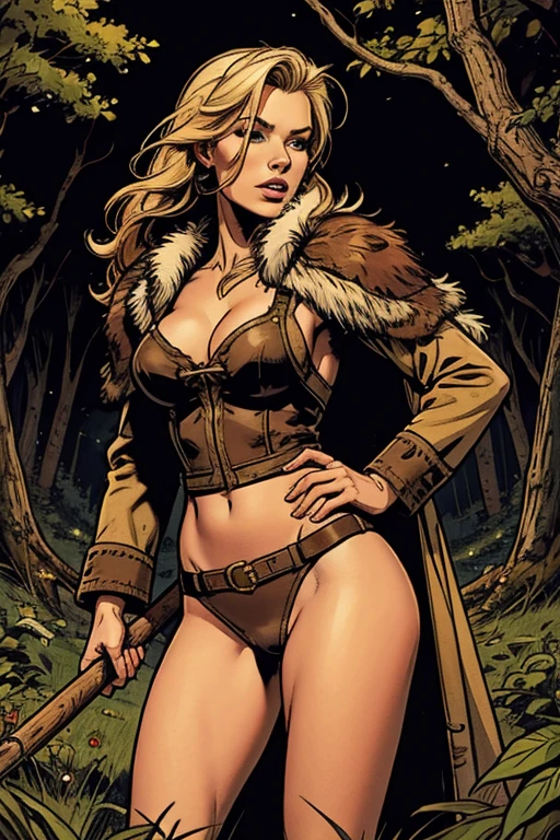 Nordic maiden, hunter style fur clothes, top view, sensual and sexy inside a forest holding an ax
