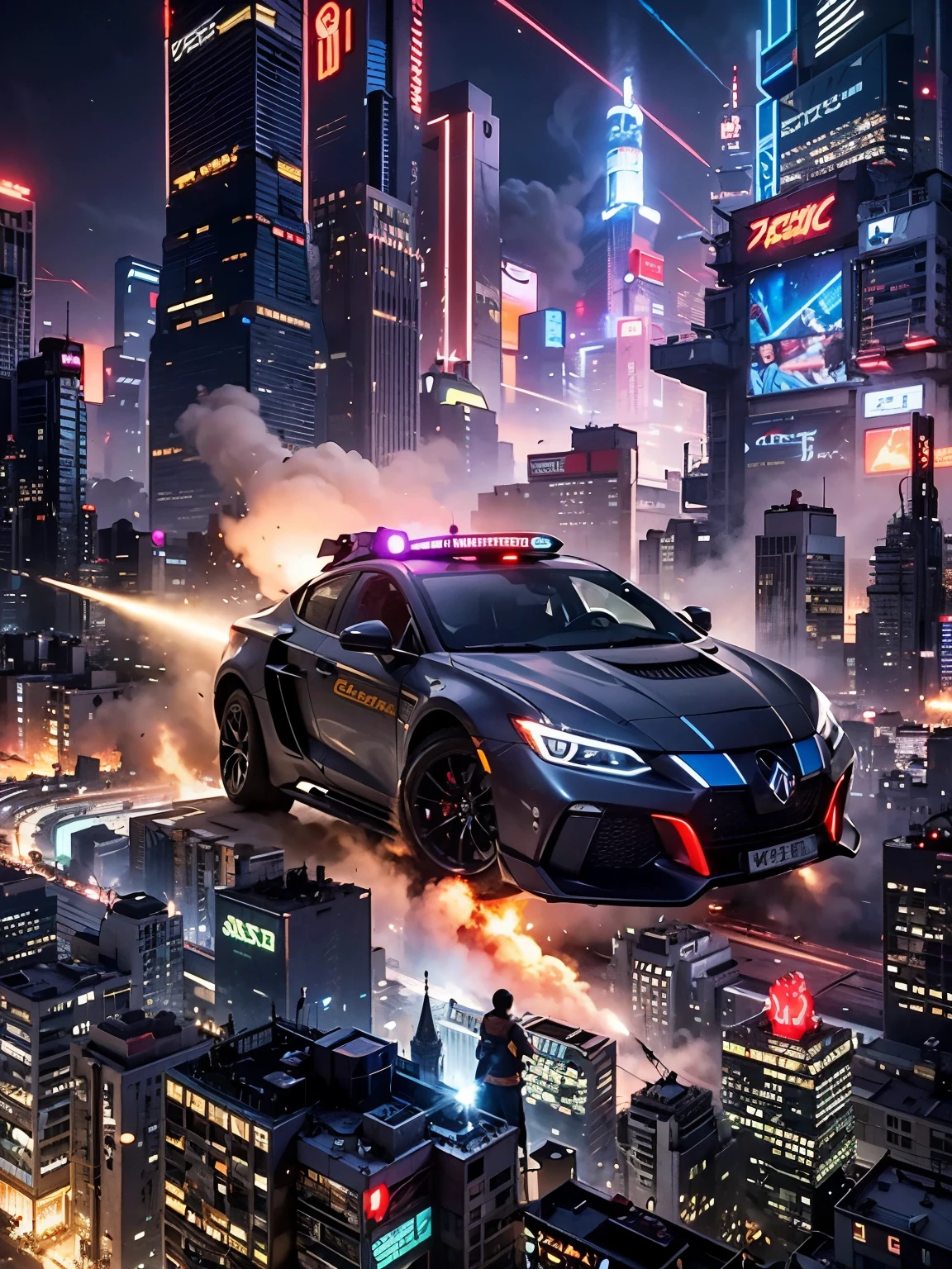 cityscape, futuristic, metallic, towering buildings, neon lights, bustling streets, flying cars, advanced technology, chaos, night scene, epic battle, explosions, smoke, dust, dynamic composition, high resolution, intense action, cinematic, dark tones, dramatic lighting, dystopian, cyberpunk, energy beams, laser weapons, destruction, power and might