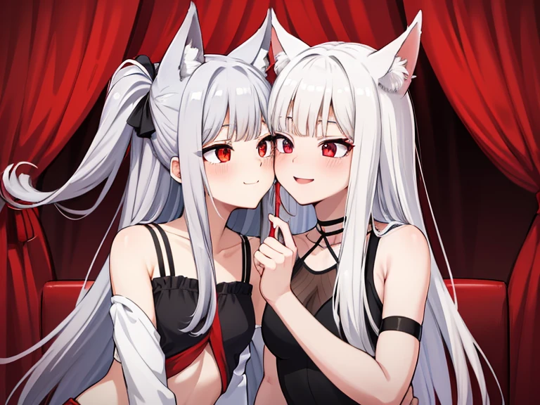 red eyes,details:1.5,(best quality,8k,highres,masterpiece:1.2),ultra-detailed, Foxy boy:1.1, with grey hair,evils smile,casual clothes,Foxy girl:1.1, with silver hair,feminine,blushing cheeks,near kiss