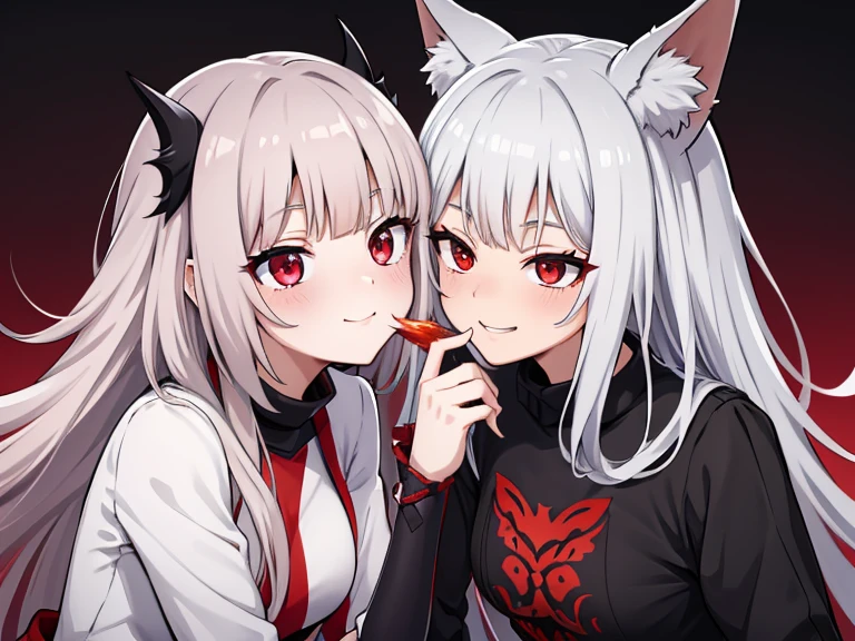 red eyes,details:1.5,(best quality,8k,highres,masterpiece:1.2),ultra-detailed, Foxy boy:1.1, with grey hair,evils smile,casual clothes,Foxy girl:1.1, with silver hair,feminine,blushing cheeks,near kiss