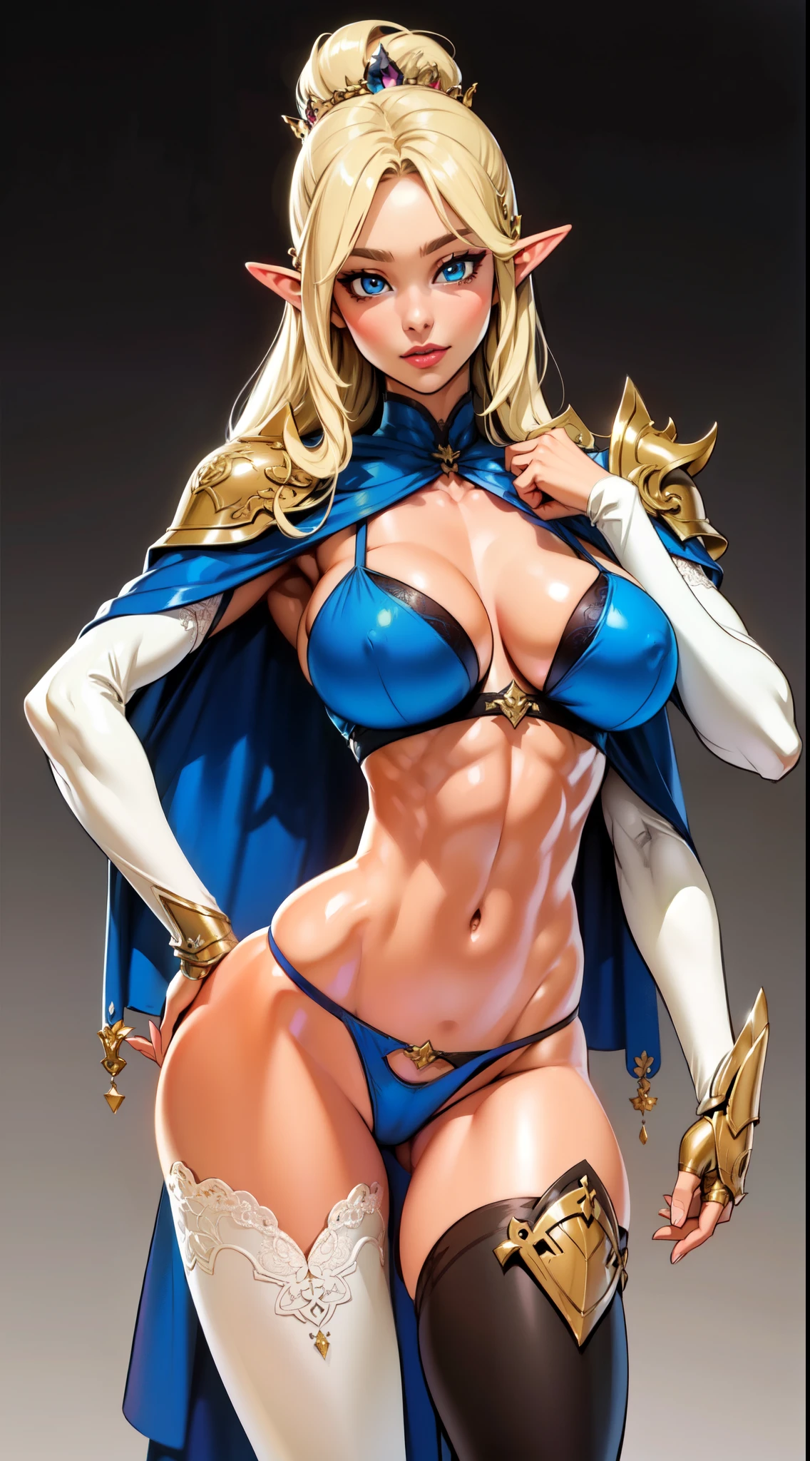 extremely long hair , ponytail, perfect anatomy 1 girl tall solo, slim thick,  ((muscular)) high elf toned body, silver breast plate, blue cape, slendered abs, hourglass waist, detailed face, defined cheekbones, puffy lips, gauntlets, gold crown, shadow over eyes, looking at viewer, masterpiece, white thigh highs lingerie,