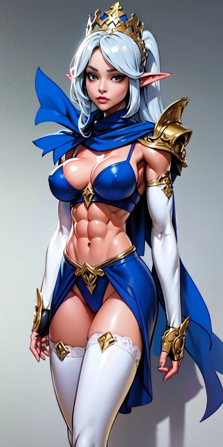 extremely long hair , ponytail, perfect anatomy 1 girl tall solo, slim thick, ((muscular)) high elf toned body, silver breast plate, blue cape, slendered abs, hourglass waist, detailed face, defined cheekbones, puffy lips, gauntlets, gold crown, shadow over eyes, looking at viewer, masterpiece, white thigh highs lingerie,