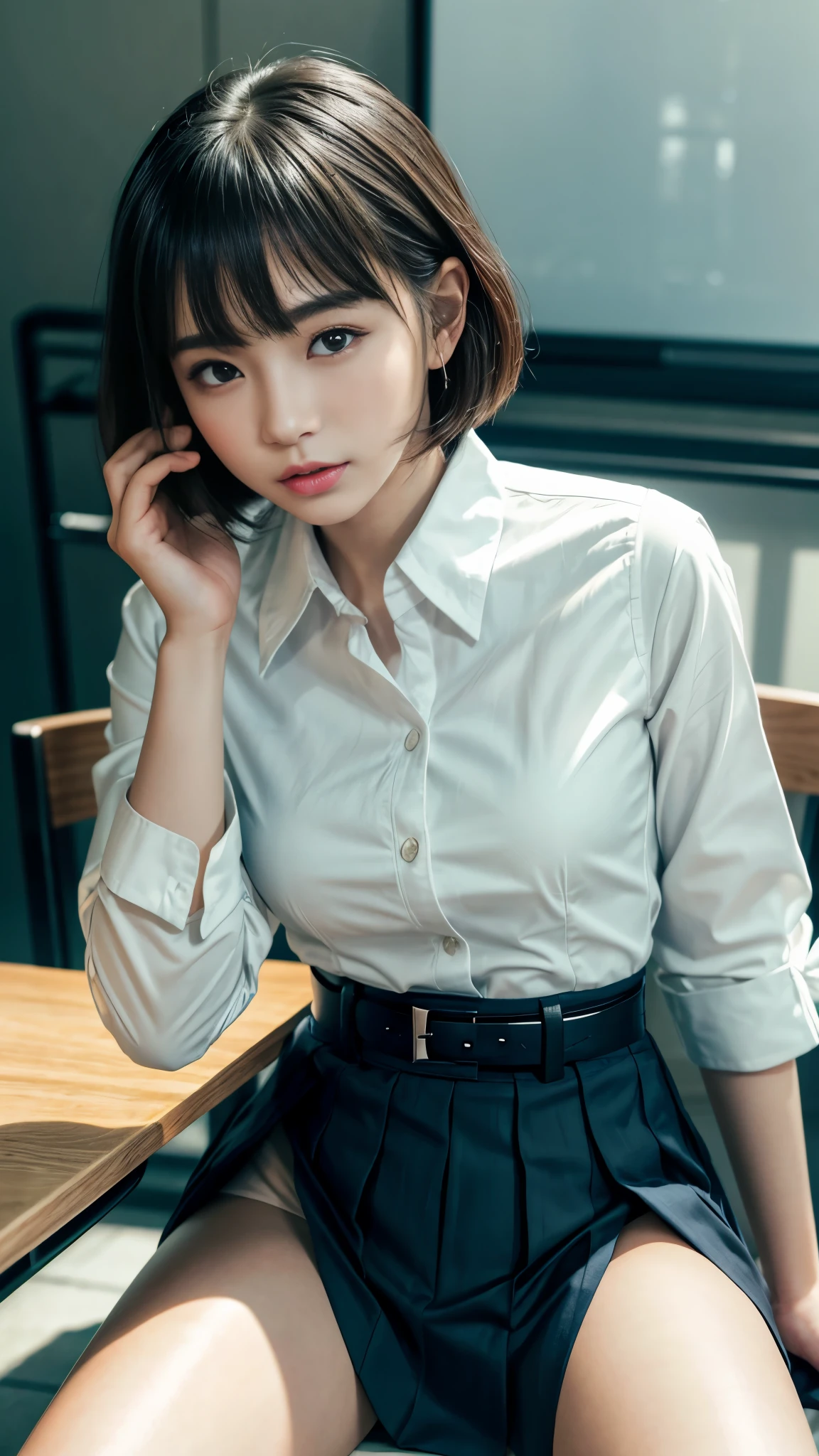 Uma linda mulher japonesa de 20 anos, uniform japanese , micro saia, mini saia, camisa curta e decotada, decote, camisa curta, camisa apertada, saia plissada preta curta, olhar sexy, sala de aula, sentada na mesa, hand on thigh, lifting her skirt with her hand, seios grandes, coxas grossas, corpo perfeito, cintura magra, cabelo curto e lindo, delineador nos olhos, poses de envergonhada, roupa com decote, seios.