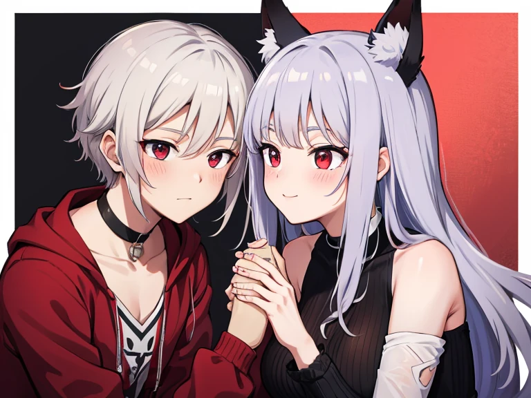 red eyes,details:1.5,(best quality,8k,highres,masterpiece:1.2),ultra-detailed, Foxy boy:1.1, with grey hair,evils smile,casual clothes,Foxy girl:1.1, with silver hair,feminine,blushing cheeks,near kiss, couple boy and girl