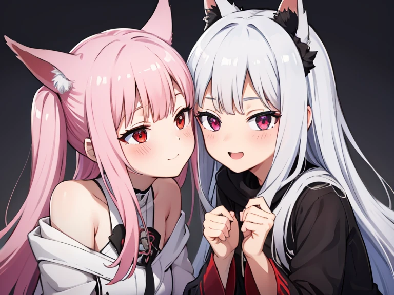 red eyes,details:1.5,(best quality,8k,highres,masterpiece:1.2),ultra-detailed, Foxy boy:1.1, with grey hair,evils smile,casual clothes,Foxy girl:1.1, with silver hair,feminine,blushing cheeks,near kiss, couple boy and girl