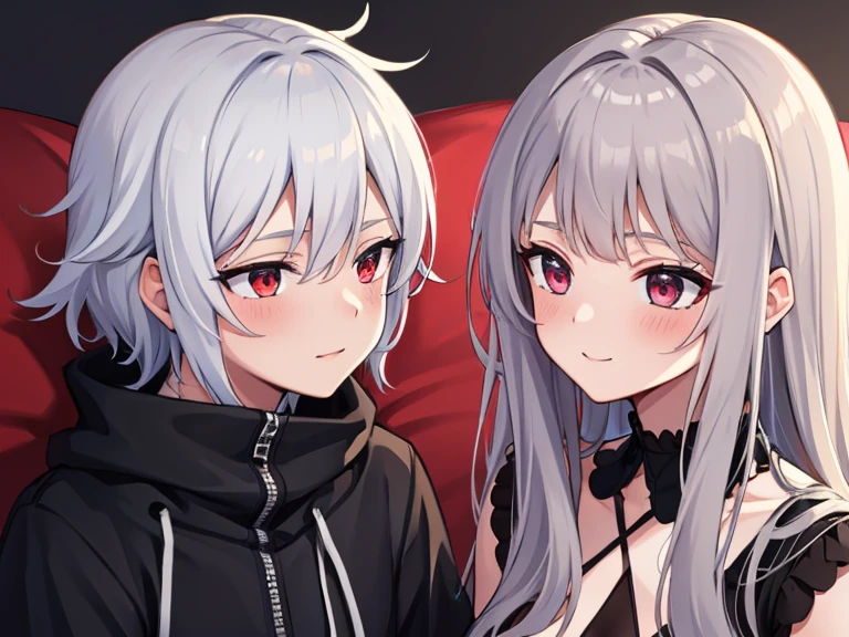 red eyes,details:1.5,(best quality,8k,highres,masterpiece:1.2),ultra-detailed, Foxy boy:1.1, with grey hair,evils smile,casual clothes,Foxy girl:1.1, with silver hair,feminine,blushing cheeks,near kiss, couple boy and girl