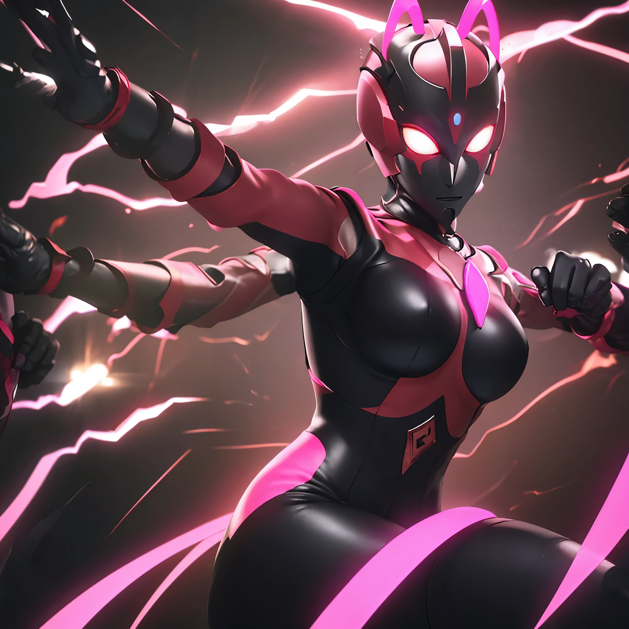 Ultraman Woman. （high quality）（luster）Cover your face with a black mask. women only. full face mask. The whole body is covered with a black bodysuit. Spike decoration. Pink lines all over the body. dark background.