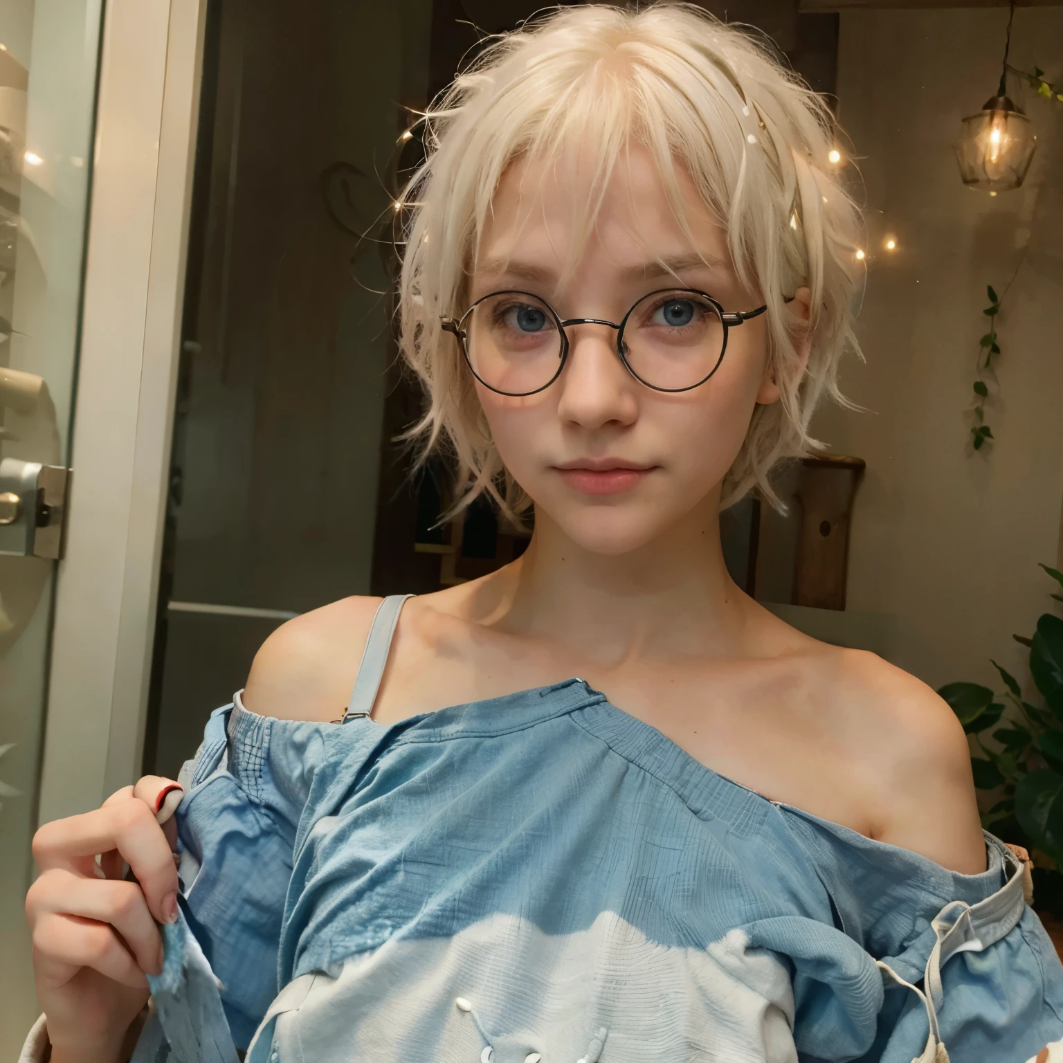 Albino girl, wavy hair, white hair, short hair, blue eyes, round glasses