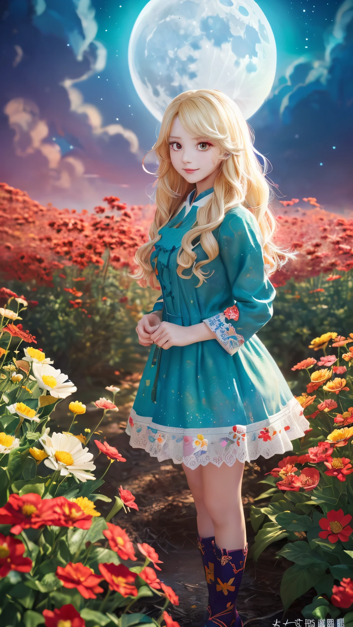 color ink painting,(splash of color),colorfulなスプラッシュ,(((colorful),(sketch:0.8), masterpiece,highest quality, Beautifully painted,very detailed,(noise removal:0.6 ), (beautiful detailed sky),moon,very detailed,コロラマ色のレインボーRGBスキントーンのmasterpiece, highest quality, very detailed CG Unity 8k 壁紙,masterpiece, highest quality, super detailed, {Fantastic Media}, Limited palette, one girl, red eyes, blonde hair, full body, flower background