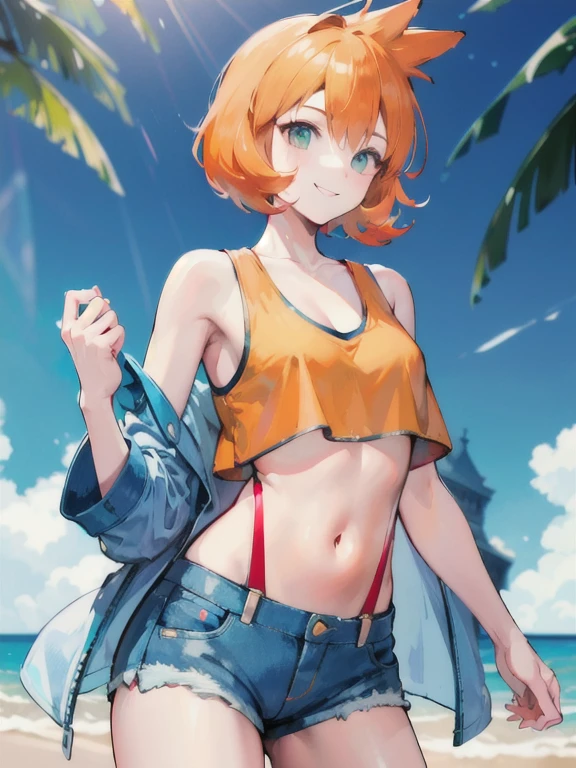 masterpiece, best quality, highres, 1girl, misty (pokemon), orange hair, solo, shorts, suspenders, side ponytail, orange hair, midriff, yellow crop top, navel, short hair, denim, denim shorts,, smile, cowboy shot, outdoors, Under Boob, small breasts, Externally expanded Chest,