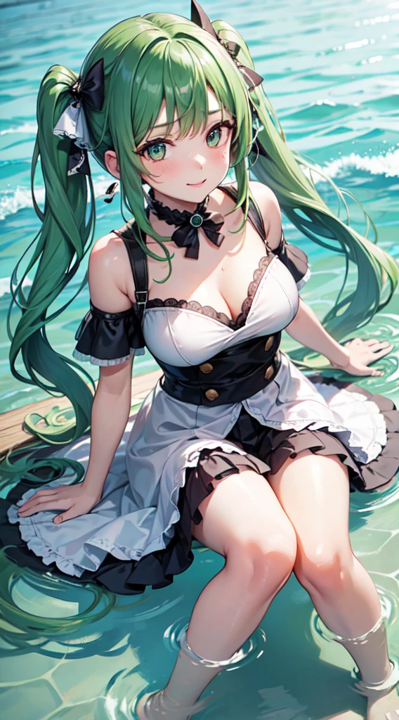 1girl, solo, hair ornament, green hair, twintails, long hair, dress, water, splashing, smiling, on hands and knees