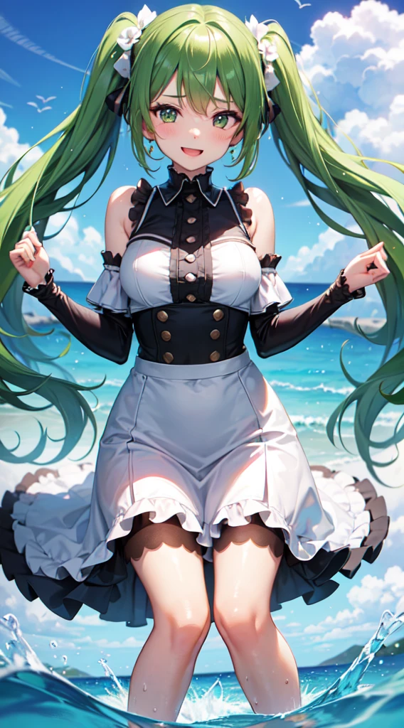 1girl, solo, hair ornament, green hair, twintails, long hair, dress, water, splashing, smiling, on hands and knees 