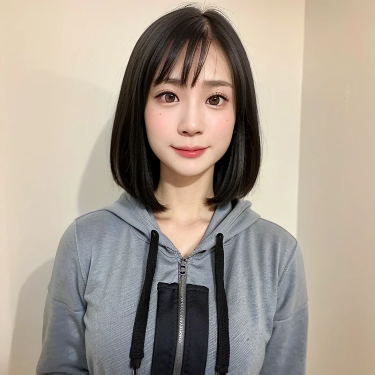 (kawaii 24 year-old Japanese girl, perfect athlete body, Nogizaka idol, Korean idol), (glossy black hair, pixie cut, very short hair, messy hair, wavy hair:1.3), (bangs), (rounded face, single eyelid, no makeup, soft smiling:1.2), (wearing long sleeved hoodies:1.3), flat chest, (looking at viewer:1.2), BREAK, (simple white background:1.3), (dynamic angle:1.3), BREAK, (masterpiece, best quality, photo realistic, official art:1.4), (UHD, 8K quality wallpaper, high resolution, raw photo, film grain, golden ratio:1.2), (shiny skin), professional lighting, physically based rendering, award winning, (perfect anatomy, highly detailed skin textures, extremely detailed face and eyes, well drawn glittering pupils), Carl Zeiss 85 mm F/1.4, depth of field, 1girl, solo,