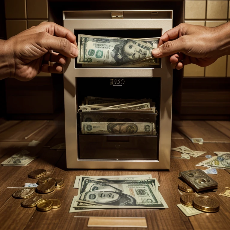 A monkey enzyme from a safe that is open and inside many 100 dollar bills and underneath the word money