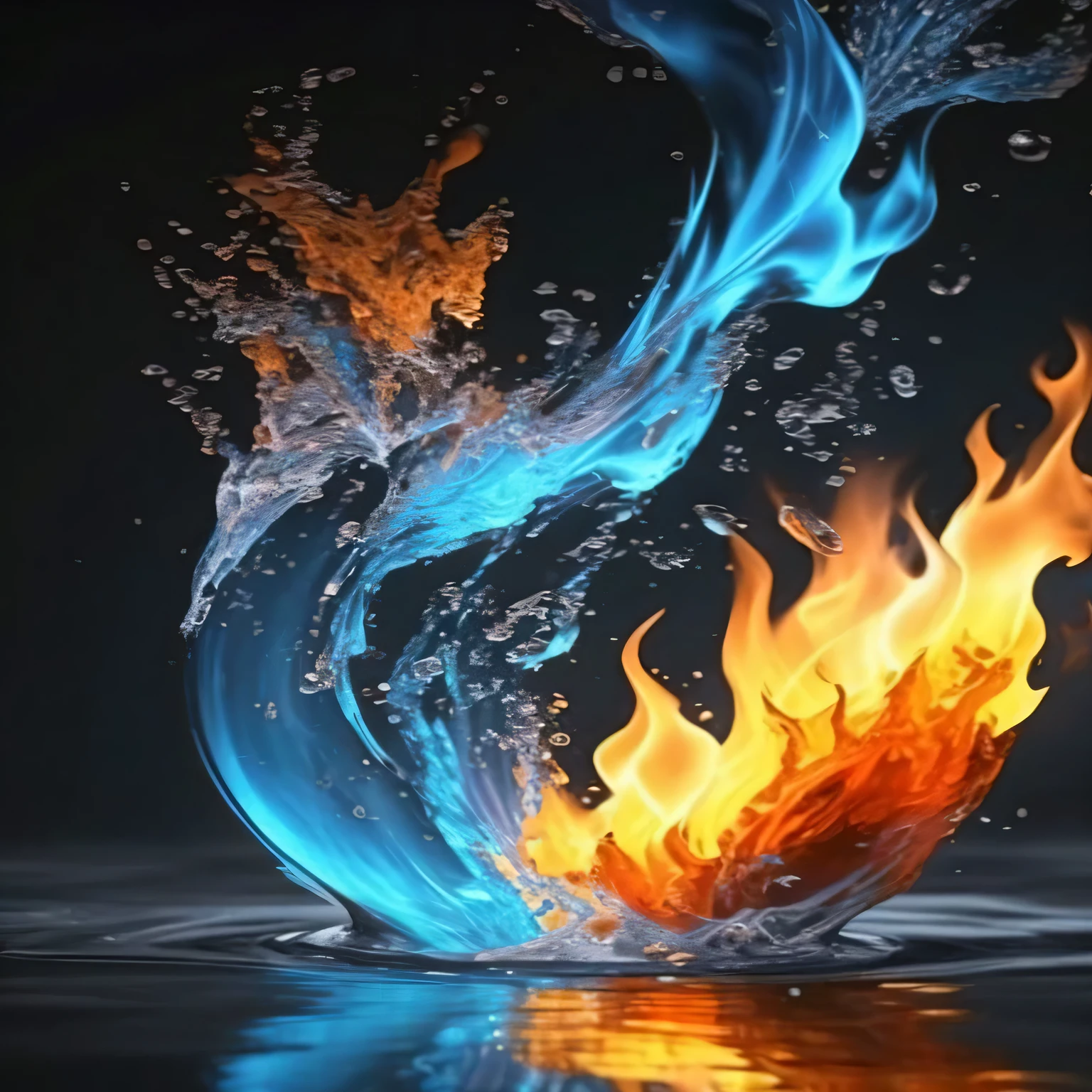 two fire and water waves are shown in this image, fire and water, water and fire energy flows, fogo laranja/dualidade de gelo azul!, liquid fire, hot water, fogo e gelo, Gelo e fogo, sparks and liquid fire, fogo colorido, Fogo e chama, chama e fogo, emerging from fogo azul, ar e fogo, fogo azul! complete a imagem