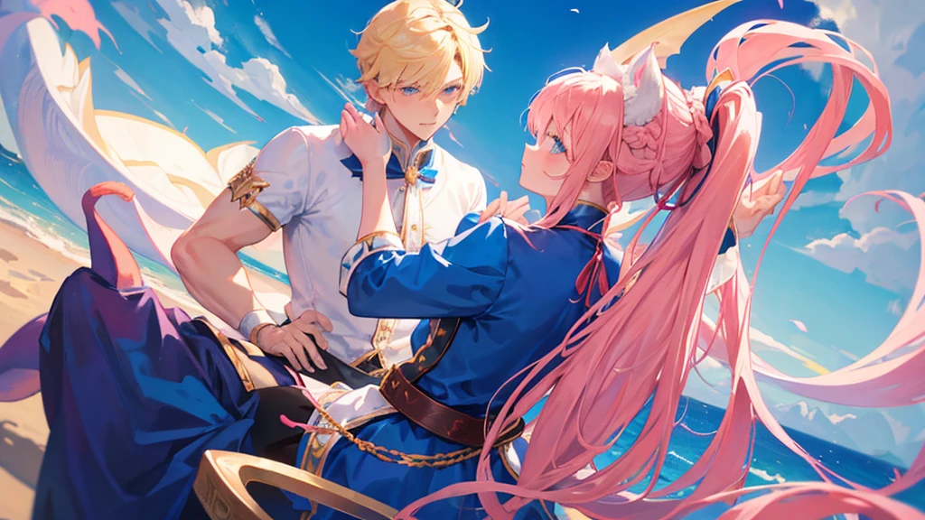 handsome boy, blonde hair, blue eyes, royal blue clothes, white horns, huge dragon surrounding him, beutiful girl, red and pink hair, two ponytail hair, cute girl, cat ears, cat tail, royal clothes, couple, romantic pose, 8k resolution, sky