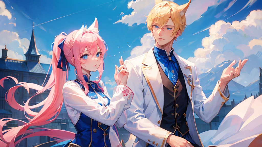 handsome boy, blonde hair, blue eyes, royal blue clothes, white horns, huge dragon surrounding him, beutiful girl, red and pink hair, two ponytail hair, cute girl, cat ears, cat tail, royal clothes, couple, romantic pose, 8k resolution, sky