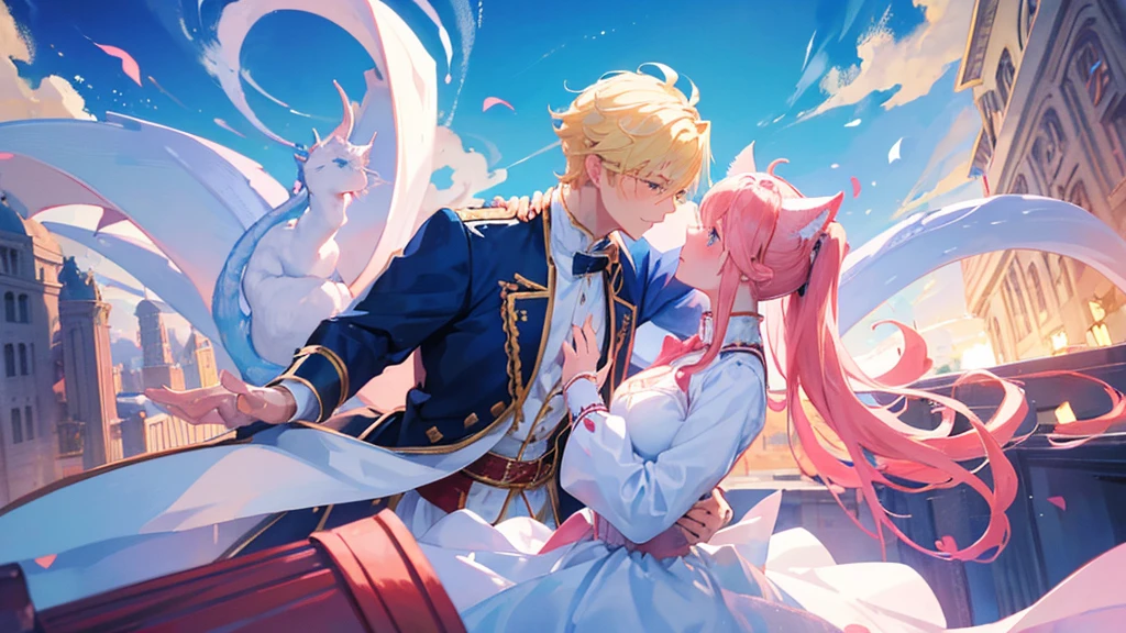 handsome boy, blonde hair, blue eyes, royal blue clothes, white horns, huge dragon surrounding him, beutiful girl, red and pink hair, two ponytail hair, cute girl, cat ears, cat tail, royal clothes, couple, romantic pose, 8k resolution, sky