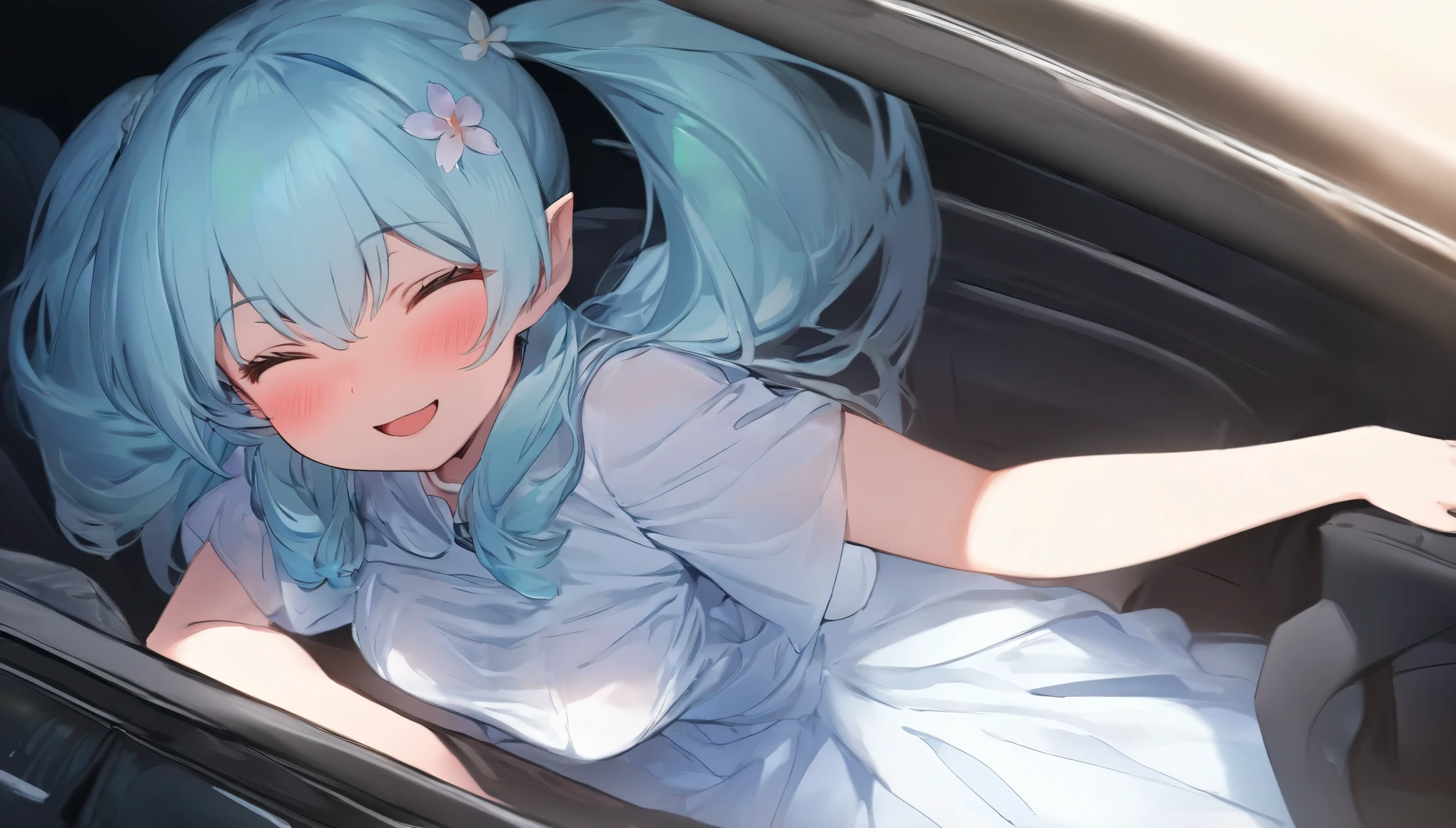(masterpiece, best quality), 1 elven girl, ( bear breast), (light blue hair,twin tails ,Long hair is fluttering in the wind), hair between eyes,light blue hair,hair flower ornament ,(blush, smile, close eyes), open mouth, white fairly dress with wide chest opening, (Open the front of the dress chest very wide), large breasts,multi colored hair,pointed ears,view from right side,(Cruising the highway in a open car ) , (color of the open car is white), ( the open car has 2 seats), (the open car has no roof), (passenger seat is left side in the open car), Palm trees line the shoreline,(sitting in the left seat of the open car)
