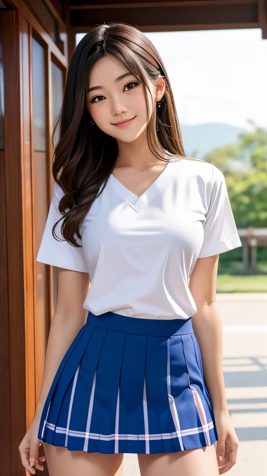 Small head，small head，Small head circumference，Alafide Asian woman in short skirt and white shirt, 超realistic schoolgirl, cute schoolgirl, 超realistic schoolgirl, japanese girl, realistic schoolgirl, JK school uniform, girl portrait, cute face，There are arms and legs, Qingfu, Hayami, cute core, Realistic young gravure idol, High school girl posing, Lovely smile, cute pants, 🤤、Description of single women