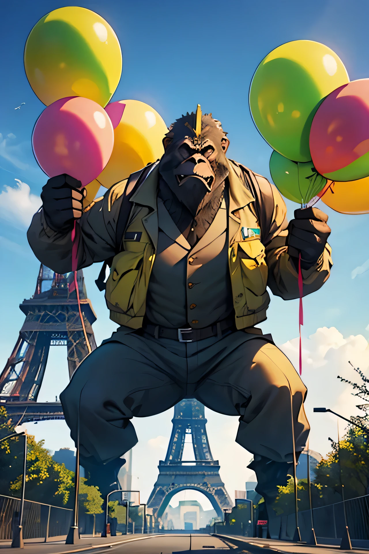 King Kong suspendu à la tour Eiffel et des gilets jaunes tenant des ballons de plusieurs couleurs