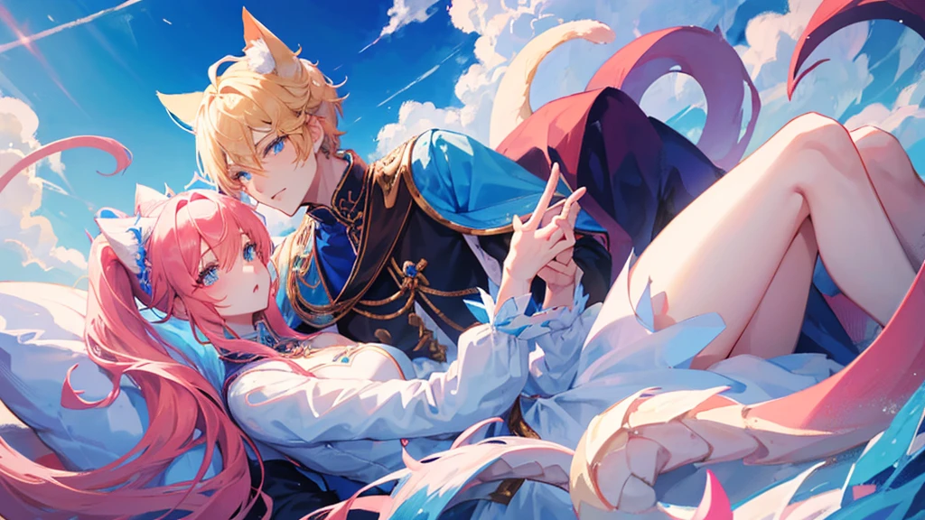 handsome boy, blonde hair, blue eyes, royal blue clothes, white horns, huge dragon surrounding him, beutiful girl, red and pink hair, two ponytail hair, cute girl, cat ears, cat tail, royal clothes, couple, romantic pose, 8k resolution, sky