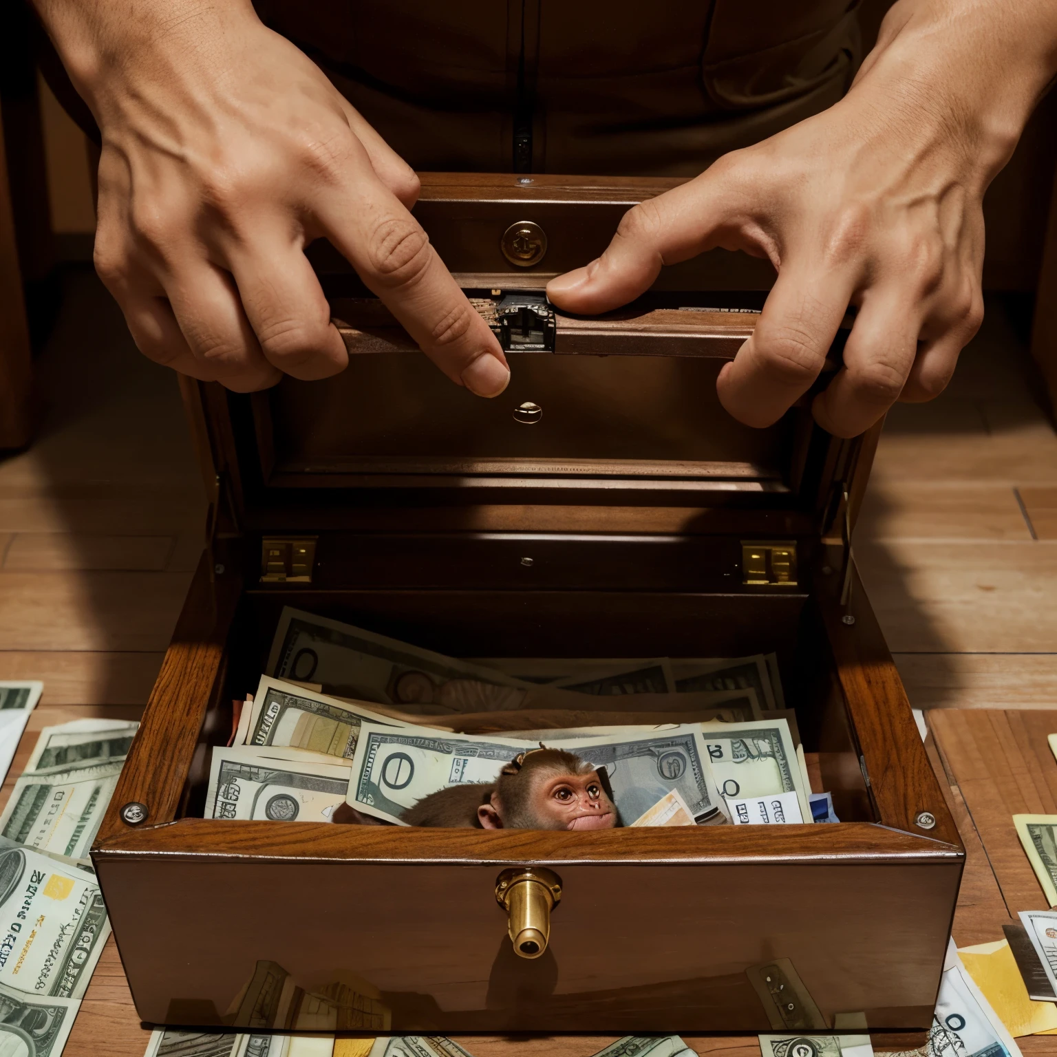 A monkey enzyme from a safe that is open and inside many 100 dollar bills and underneath the word money