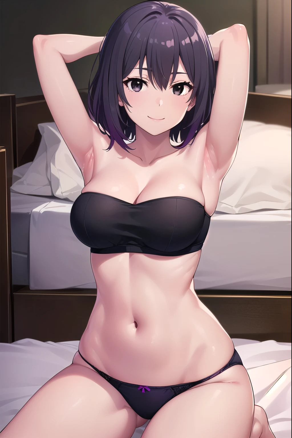 haruno yukinoshita, short hair, hair between eyes, (black eye:1.5), black hair, gradient hair, two tone hair, purple hair, masterpiece, highest quality, 1 girl, (one body), super detailed, High resolution, Very detailed CG, 1st Default, first closing, (first hairstyle:1.5), indoor, bedroom, (lie on the bed:1.5), perfect body, (rich armpit hair:1.5), (purple underwear:1.5), (race_sexy_panties:1.5), (Tube top_bra:1.5), (arms behind head, armpit:1.5), shiny skin, sweating, nipple, (smaller head), (big:1.5), (red面:1.5), (smile:1.5), (red_lips), White Body, huge breasts, (wide pelvis), (long legs:1.5), (Tilt your head:1.5), (とてもbig_lower body:1.5), (Very thick_thighs:1.5), (get down on one knee:1.5), (looking at the viewer)