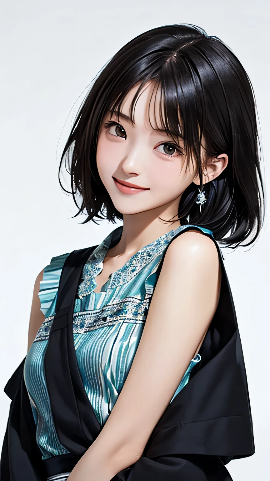 (((Masterpiece))),((top quality)),one beautiful Japanese girl,、young、bangs、wavy hair、(((two side up:1.5)))、short hair、black hair、brown eyes、droopy eyes、smile、(The background is plain)、ailor suit:1.5)、barefoot