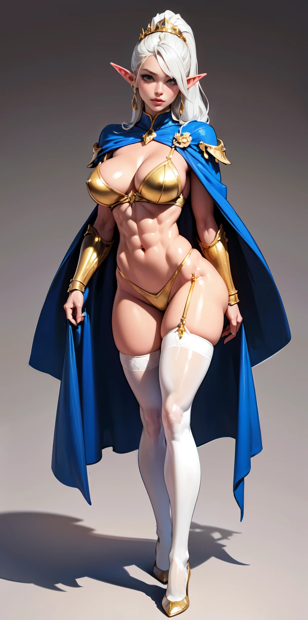 extremely long hair , ponytail, perfect anatomy 1 girl tall solo, slim thick, ((muscular)) high elf toned body, silver breast plate, blue cape, slendered abs, hourglass waist, detailed face, defined cheekbones, puffy lips, gauntlets, gold crown, shadow over eyes, looking at viewer, masterpiece, white thigh highs lingerie,