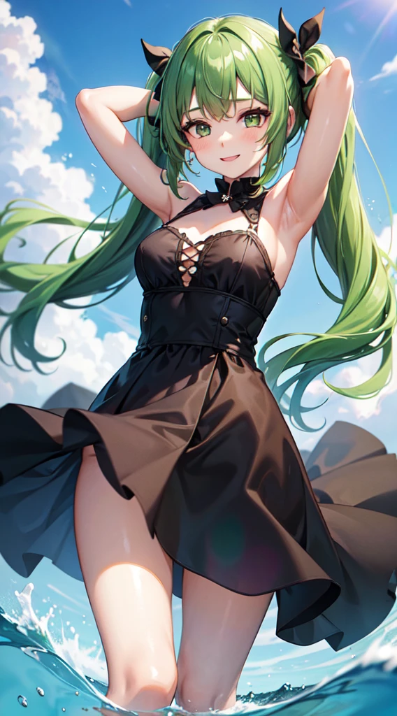 masterpiece, rich colors, Best quality, detailed, high resolution, Hyper quality, high detail, , high quality, detailing, skinny sexy girl on the beach , bright lighting , green eyes, anime, palm trees, bright lighting,