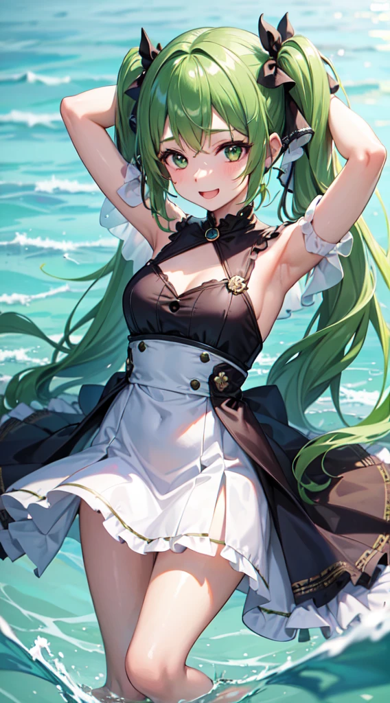 1girl, solo, hair ornament, green hair, twintails, long hair, dress, water, splashing, smiling, arms behind head