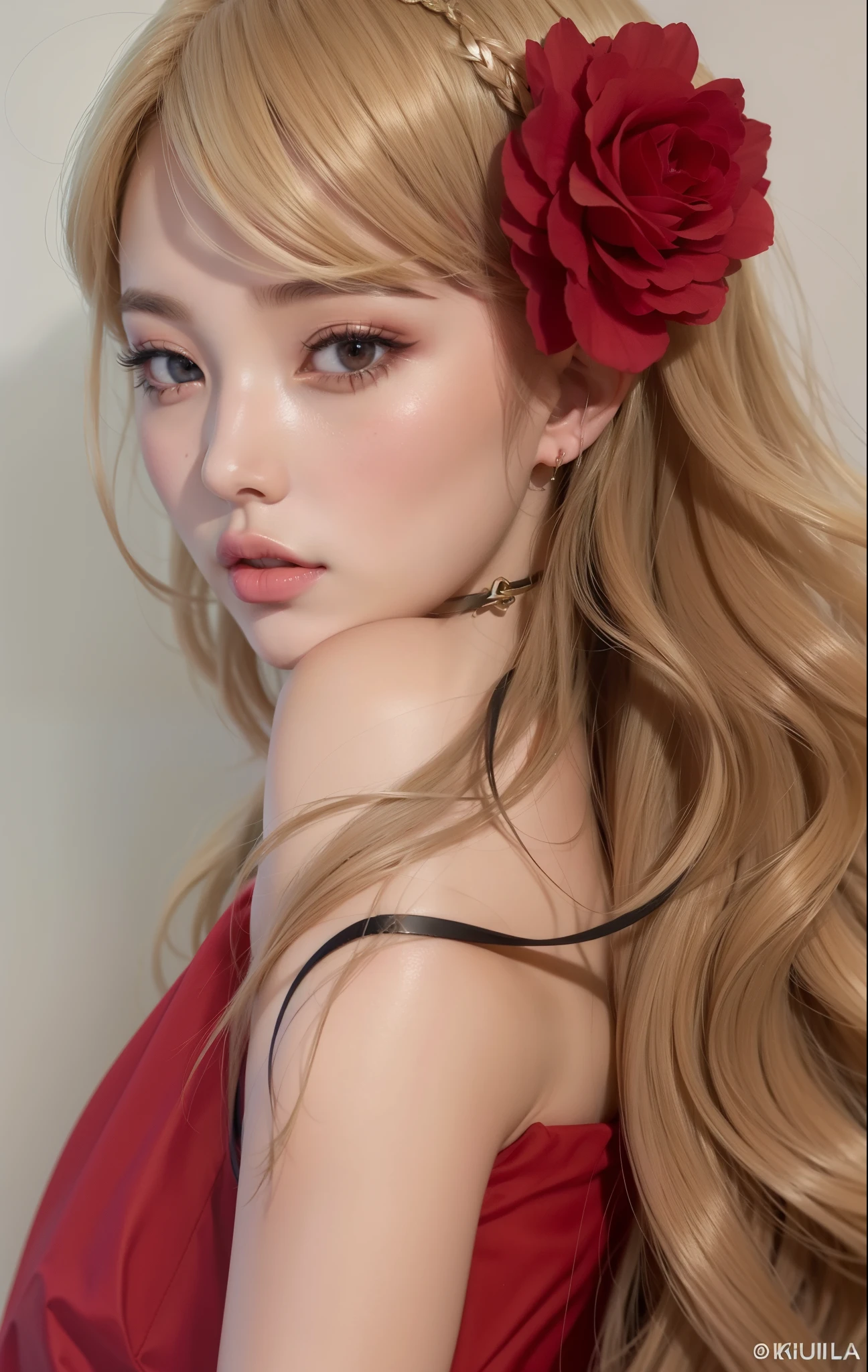 Blonde woman with long hair holding a white cell phone., retrato de kim petras, maquillaje popular de corea del sur, Retrato de Jossi de Blackpink, Parque Roseanne de Blackpink, ulzzang, maquillaje coreano popular, cruel korean gothic girl, ava max, con el pelo largo y blanco, inspirado en Yanjun Cheng, bella delfina, kim taejin