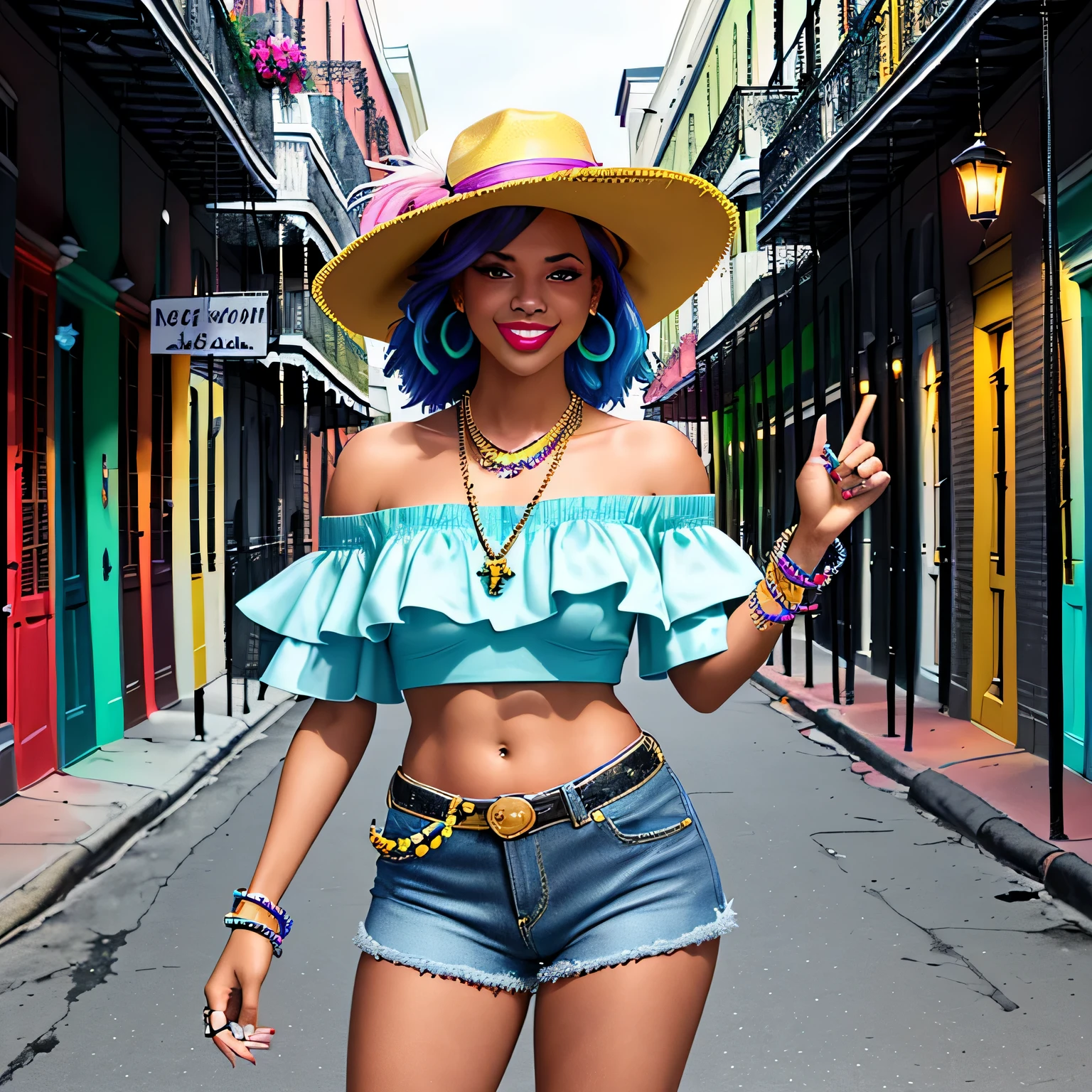 Meet Taylor, representing the vibrant streets of New Orleans. She embodies the spirit of the Big Easy with her eclectic style and undeniable charm. Taylor rocks a colorful off-the-shoulder top paired with high-waisted denim shorts, adorned with beads and feathers reminiscent of Mardi Gras festivities. Her look is accessorized with statement earrings and a wide-brimmed hat, perfect for wandering through the historic French Quarter or dancing to jazz tunes on Bourbon Street. With a confident strut and a smile that lights up the city, Taylor captures the essence of New Orleans street style like no other.