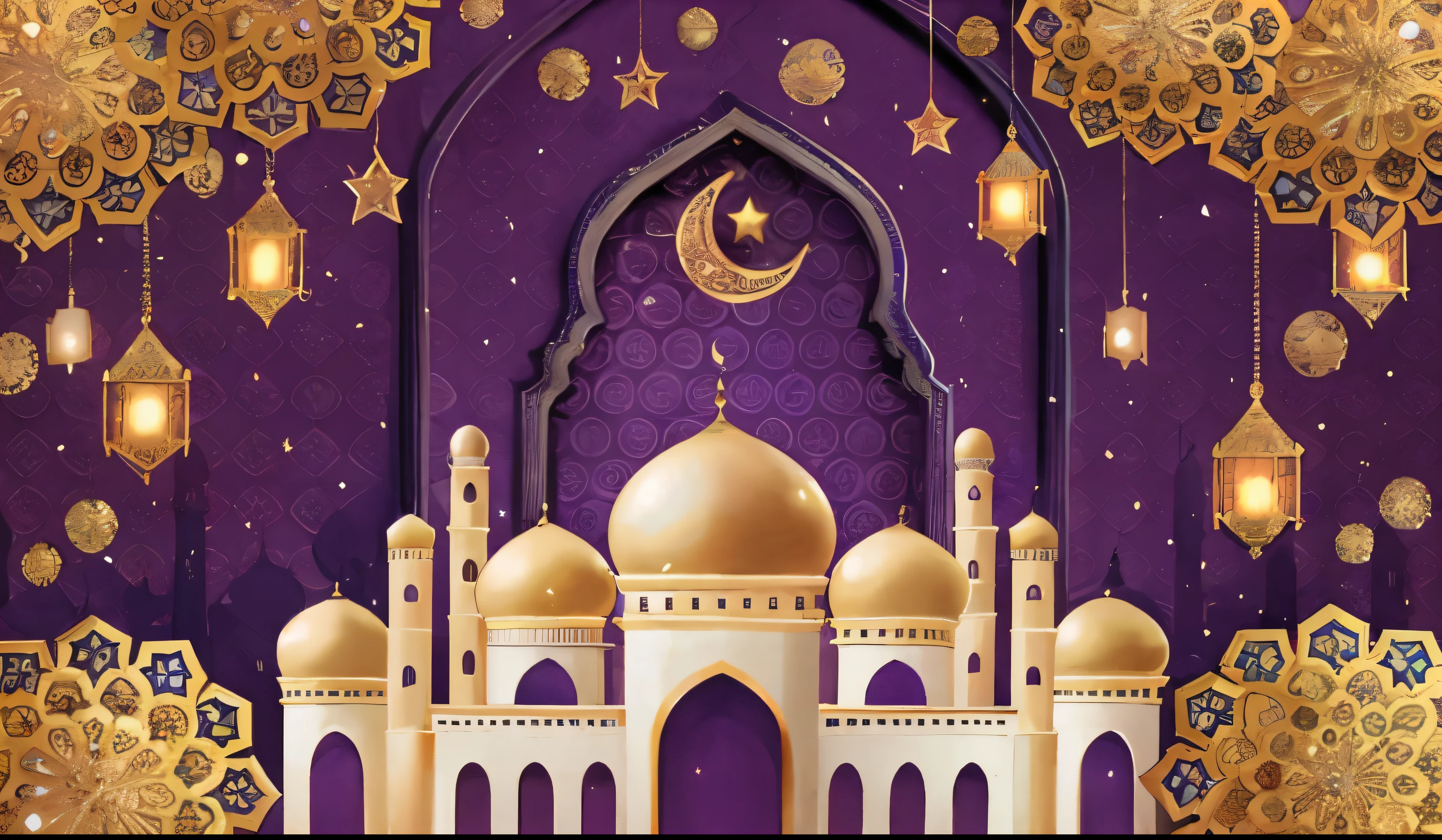 a purple and gold mosque with lanterns and stars, Arabian Nights, Arabian Nightss, Arabian Nightss inspired, arabic art, with beautiful mosques, moroccan mosque, mosque, kingdom of light background, islamic art, temple background, Gorgeous and complex background, ornate turkic palace background, Purple and gold color scheme, Inspired by Osman Hamdi Bey, gold and purple, Islamic Interior Design