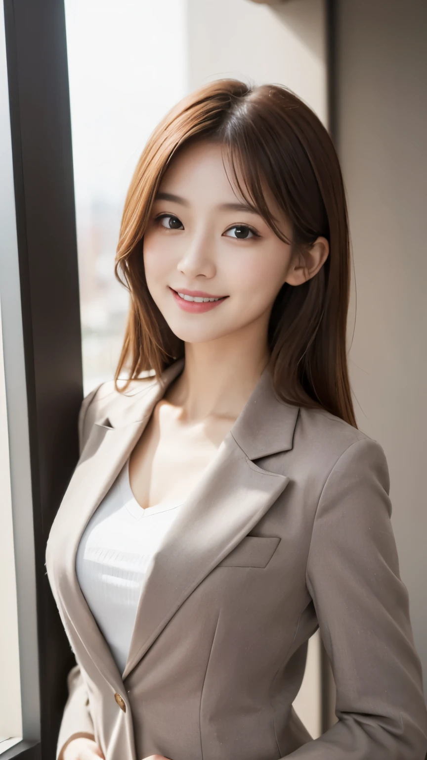 (Highly detailed CG Unity 8K wallpaper, highest quality, Super detailed, look at the camera:1.2, light shines on your face:1.5, gray background, professional lighting), Japan female, 26 years old, Upper body composition with brightly lit face. She has an oval face, soft arched eyebrows, bright expressive eyes,, pronounced nose, And a friendly smile. Her hair is shoulder-length, straight, Dyed a light chestnut color. she is wearing a smart casual blouse, Probably soft colors, Paired with a chic blazer, Embody her lively and sociable personality