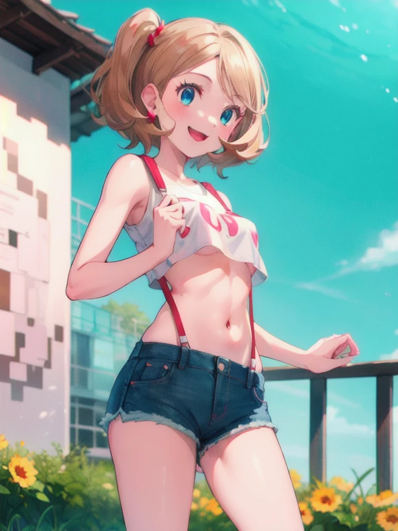 (8K、Highest quality、Highest quality、masterpiece)、Detailed face、One Girl、(Brown Skin:1.2)、Long Hair、Blue Right Eye、Yellow Left Eye、Heterochromia、Grin、(Bikini top Only、BikiniTop、Bikini Top、Denim hot shorts、Open Shorts、Unziped shorts、Mini Shorts、No Panties、NoPanties、Sexy pose、Suggestive pose、Spread pussy under shorts、frontal wedgie、wedgie、Spread vagina under shorts)、labia view、Beach、cloud、vagina、Spread Vagina、spread pussy、Big Breasts、