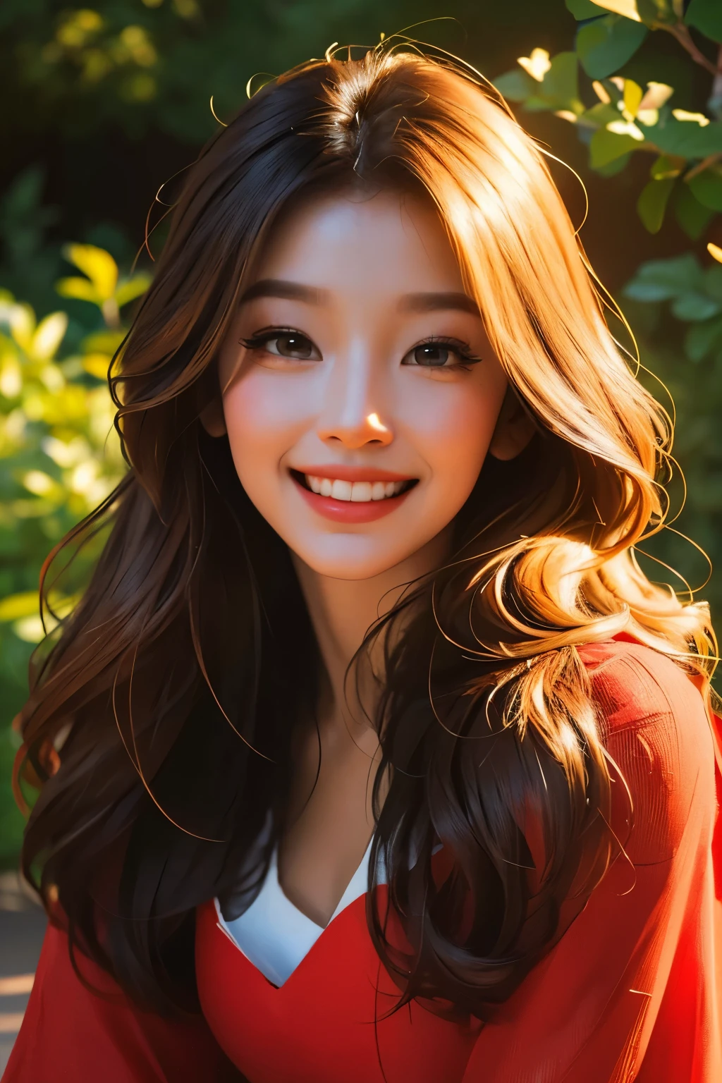 (best quality,4k,8k,highres,masterpiece:1.2),ultra-detailed,(realistic,photorealistic,photo-realistic:1.37),portrait,a woman in red mini dress,beautiful detailed eyes,beautiful detailed lips,long eyelashes,confident expression,graceful posture,standing in a vibrant garden,with blooming flowers and lush greenery,sunlight filtering through the trees,warm and soft lighting,soft and flowing hair,smiling face,vivid colors,subtle makeup,stylish accessories,red high heels,medium:oil painting,texture:brushstrokes,high contrast,rich and vibrant tones,deep shadows and highlights,evoking a sense of elegance and allure,high fashion vibe