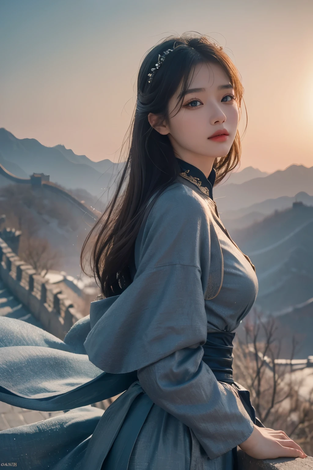 1 girl, on the Great Wall of China,Telegraph slang, Exquisite eyes,beautiful and delicate lips,very detailed 눈과 얼굴,long eyelashes, enchanted scenery,(best quality,4K,8 thousand,high resolution,masterpiece:1.2),very detailed,(realistic,realistic,realistic:1.37), sexy dress, skirt