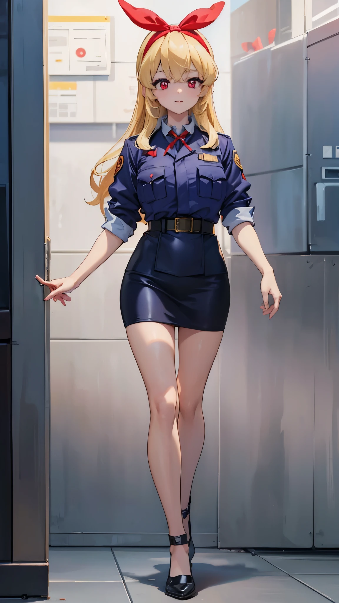 (red ribbon on hairband:1.2),masterpiece, best quality, highres, 1girl, solo, Blonde hair, RED eyes, a beautiful police woman,Highly detailed uniforms,Pencil skirt,cap,large breast,beautiful detailed eyes,beautiful,looking at viewer,full body