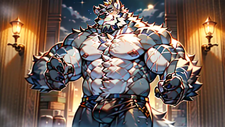 Anthropomorphic wolf，werewolf，man，large pecuscular limbs，bare upper body，broad shoulders，huge crotch bulge，muscular，large，bearded，facial hair，body hair，chest hair，arm hair，leg hair，full body，grey fur，((high detail，masterpiece，best quality, high definition))