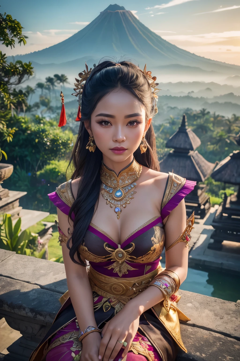 (8K, 4K, Best Quality, High Definition: 1.1), (Photorealistic, Realistic: 1.1), ((Extremely Detailed 4D Photography)), Beautiful Balinese Girl, Traditional Balinese Attire, (Pura Besakih and Mount Agung in the Background), Bali, Indonesia, (Stunning Scenery), (Cinematic Lighting), (Depth of Field), (Vibrant Colors), (Immaculate Details), (Masterpiece: 1.2), (Breathtaking), (Captivating), (Exquisite), (Intricate), (Highly Detailed), (Immersive), (Jaw-dropping), (Spectacular), (Mesmer