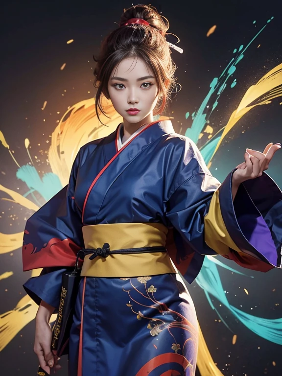 A female warrior in a kimono, without any armor. The artwork is highly detailed, showcasing the intricacies of the clothing and the hair. The background is abstract, with splashes of red, yellow, green, blue, purple, and orange paint that add a dynamic and colorful atmosphere to the composition. The image also has some Asian characters written on the top right corner. They read “ninja” in Japanese. This suggests that the figure might be a ninja, a covert agent