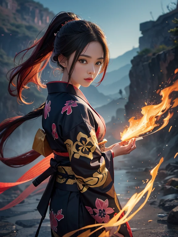 A female warrior in a kimono, without any armor. The artwork is highly detailed, showcasing the intricacies of the clothing and the hair. The background is abstract, with splashes of red, yellow, green, blue, purple, and orange paint that add a dynamic and colorful atmosphere to the composition. The image also has some Asian characters written on the top right corner. They read “ninja” in Japanese. This suggests that the figure might be a ninja, a covert agent