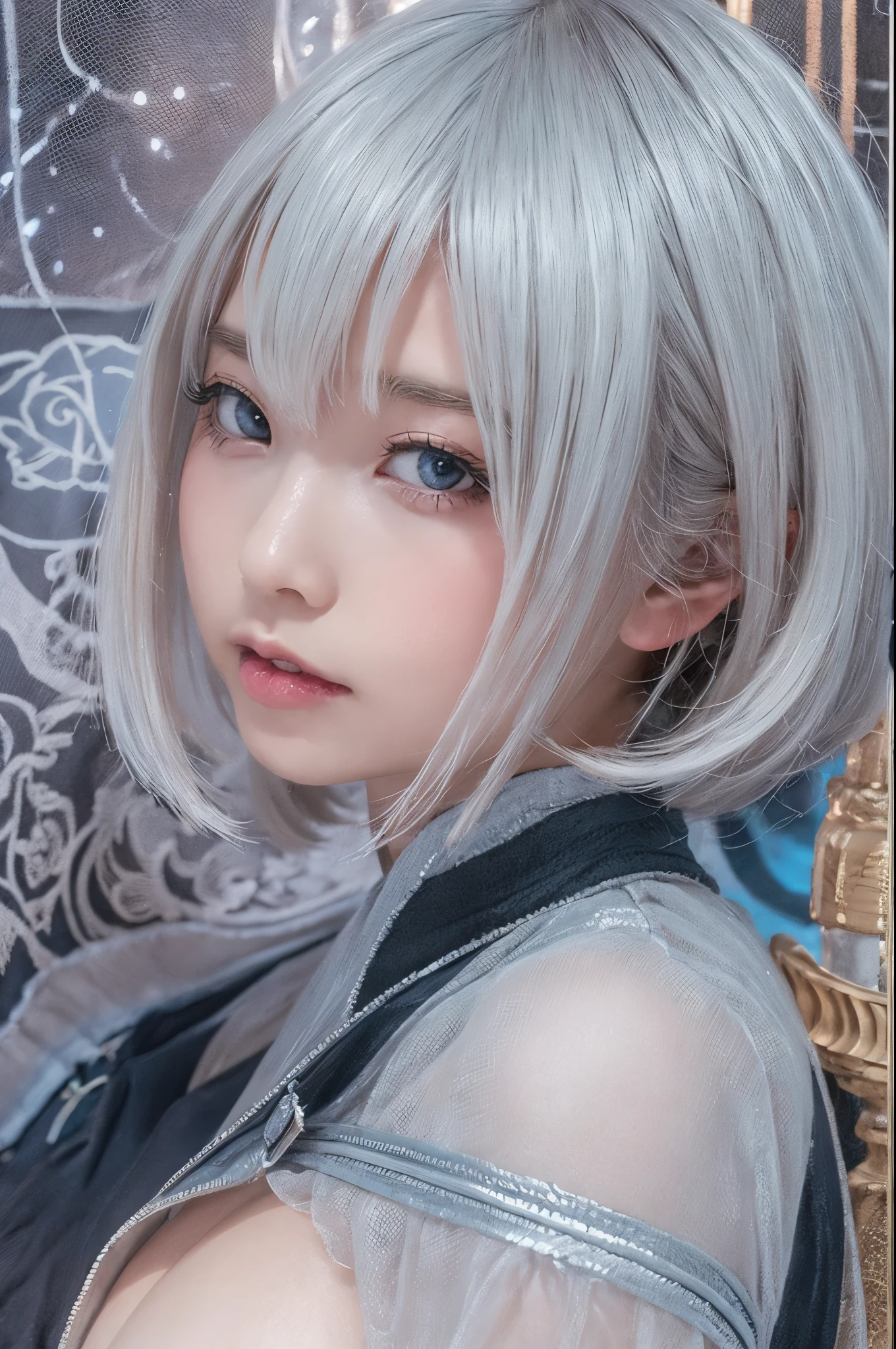 ((high quality)),table top,(Detailed depiction of local details:1.2),1 Japanese girl,(plump breasts:1.3),Enchanted Valley,closed mouth,eyelash,looking at the viewer,portrait,alone,Upper body,gray hair,white theme,short hair,silver hair,Yoruhano. 2 Type B,