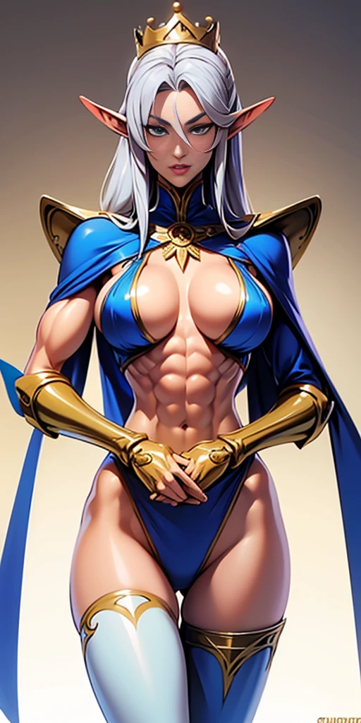 extremely long hair , ponytail, perfect anatomy 1 girl tall solo, slim thick, ((muscular)) high elf toned body, silver breast plate, blue cape, slendered abs, hourglass waist, detailed face, defined cheekbones, puffy lips, gauntlets, gold crown, shadow over eyes, looking at viewer, masterpiece, white thigh highs lingerie,