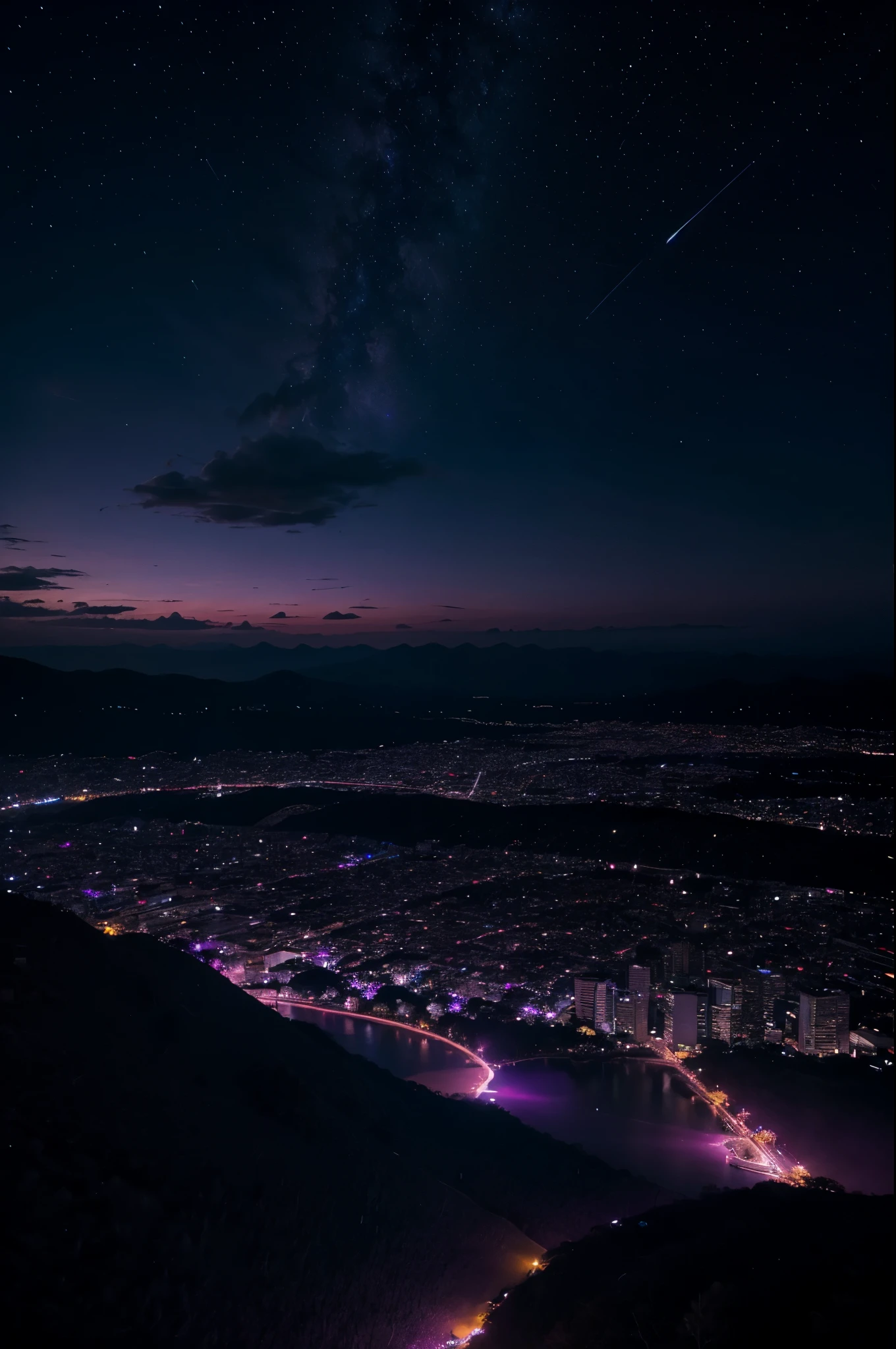 A mesmerizing scene of the night sky, ( night time:0.7) banhado no roxo escuro, tons rosados de luar e nuvem, emanando um espectro vibrante e inspirador. obra de arte.