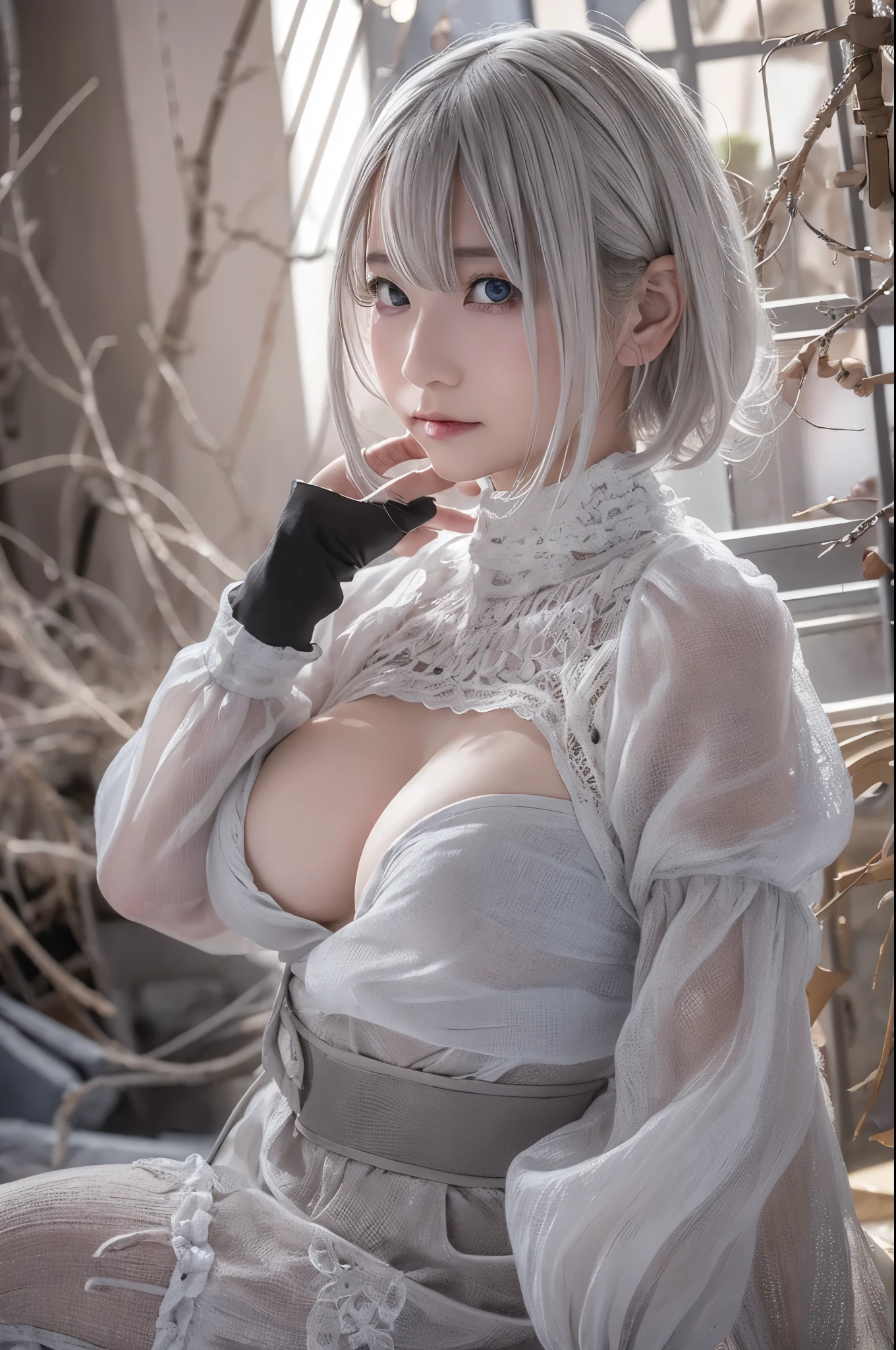 ((high quality)),table top,(Detailed depiction of local details:1.2),1 Japanese girl,(plump breasts:1.3),Enchanted Valley,closed mouth,eyelash,looking at the viewer,portrait,alone,Upper body,gray hair,white theme,short hair,silver hair,Yoruhano. 2 Type B,